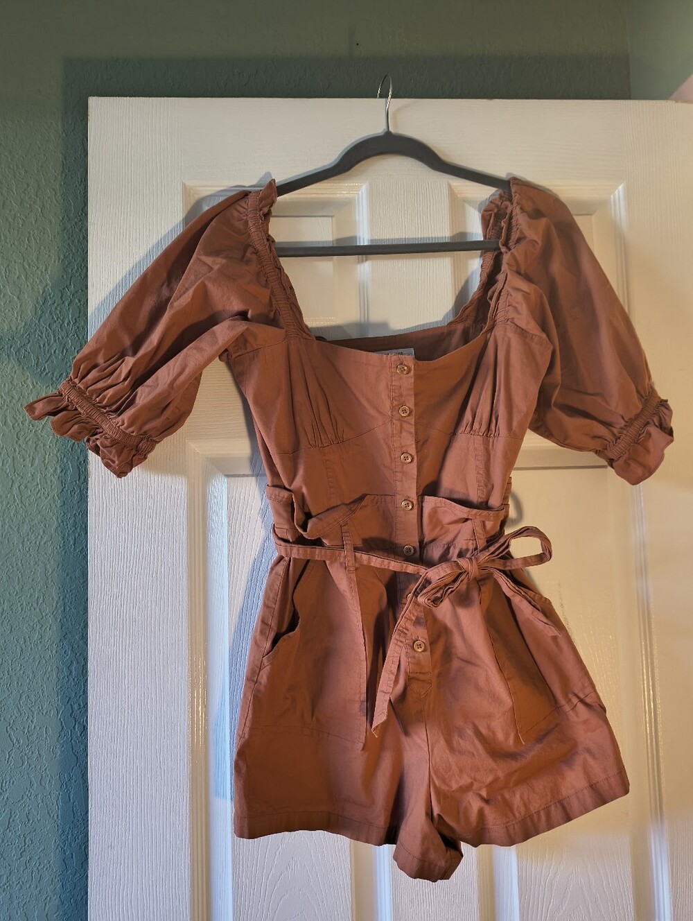 Marissa Webb Collective Terracotta Rust Puff Sleeve Paper Bag Romper Size 8
